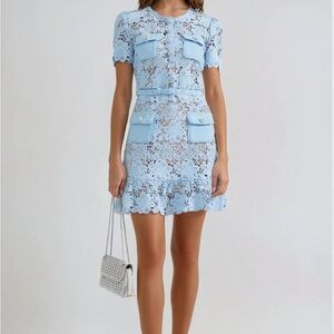 Elegant Blue Lace Dress — Missime Lace Mini Dress with Pocket Details